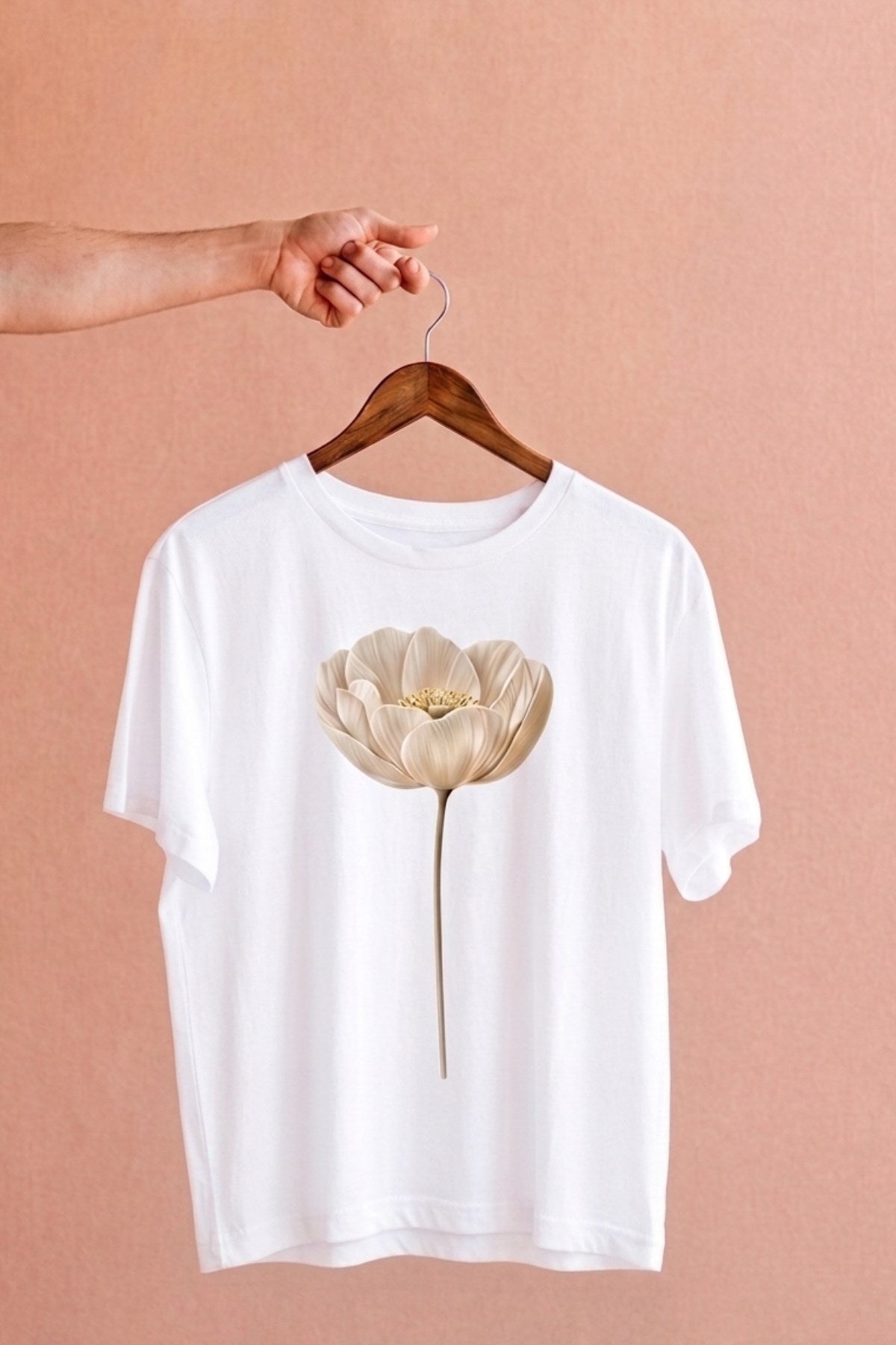 Kadın Oversize Tişört Pure Bloom Baskılı Beyaz – Bisiklet Yaka, Rahat Kalıp, %100 Pamuk
