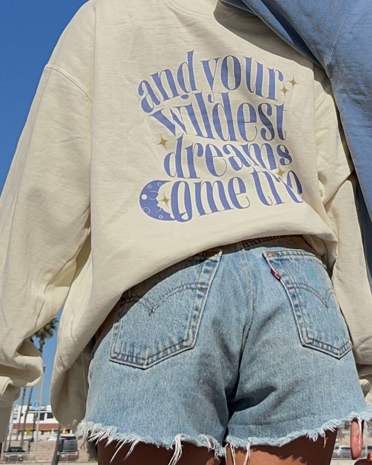 Oversize Unisex Bisiklet Yaka Sweat Kırık Beyaz– 3 İplik Kumaş, Rahat Kalıp, Wildest Dreams Baskılı