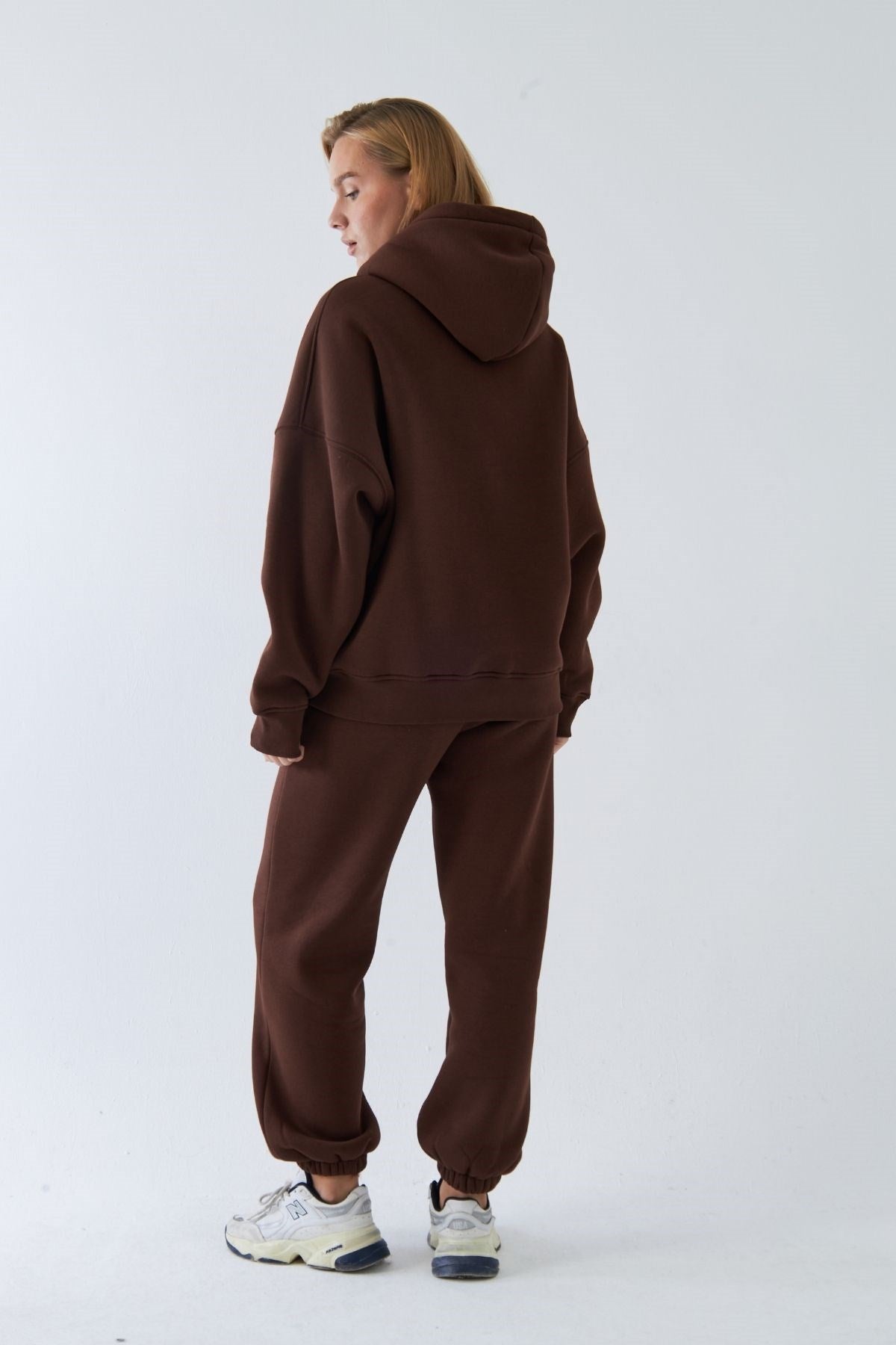  Oversize Unisex Eşofman Takımı Kahverengi – Basic, 3 İplik Polar; Kapüşonlu Üst, Lastikli Alt