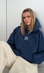 İndigo Unisex Yüksek Baskılı Kapüşonlu Kanguru Cepli Oversize Hoodie