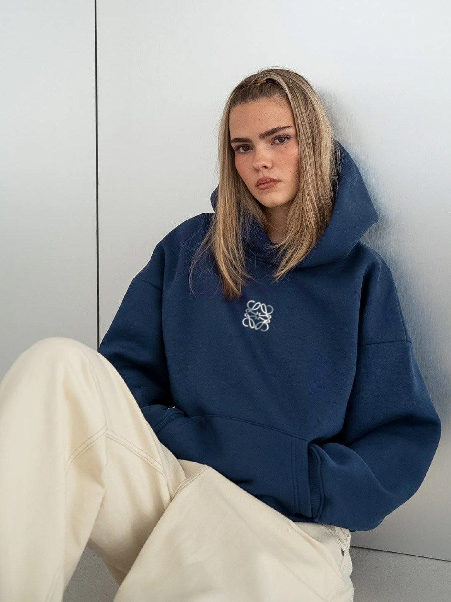 İndigo Unisex Yüksek Baskılı Kapüşonlu Kanguru Cepli Oversize Hoodie