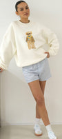 Kadın Oversize Sweatshirt Gentleman Bear Baskılı Beyaz – Bisiklet Yaka, 3 İplik Şardonlu