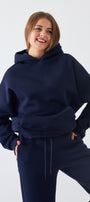 Oversize Unisex Sweatshirt Hoodie Lacivert – Kapüşonlu, 3 İplik Şardonlu Polar, Kanguru Cepli, Basic