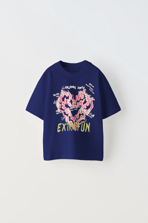 The Champ Extra Fun Yazılı Alevli Kalp Tasarım Baskılı Lacivert Kız Çocuk T-Shirt