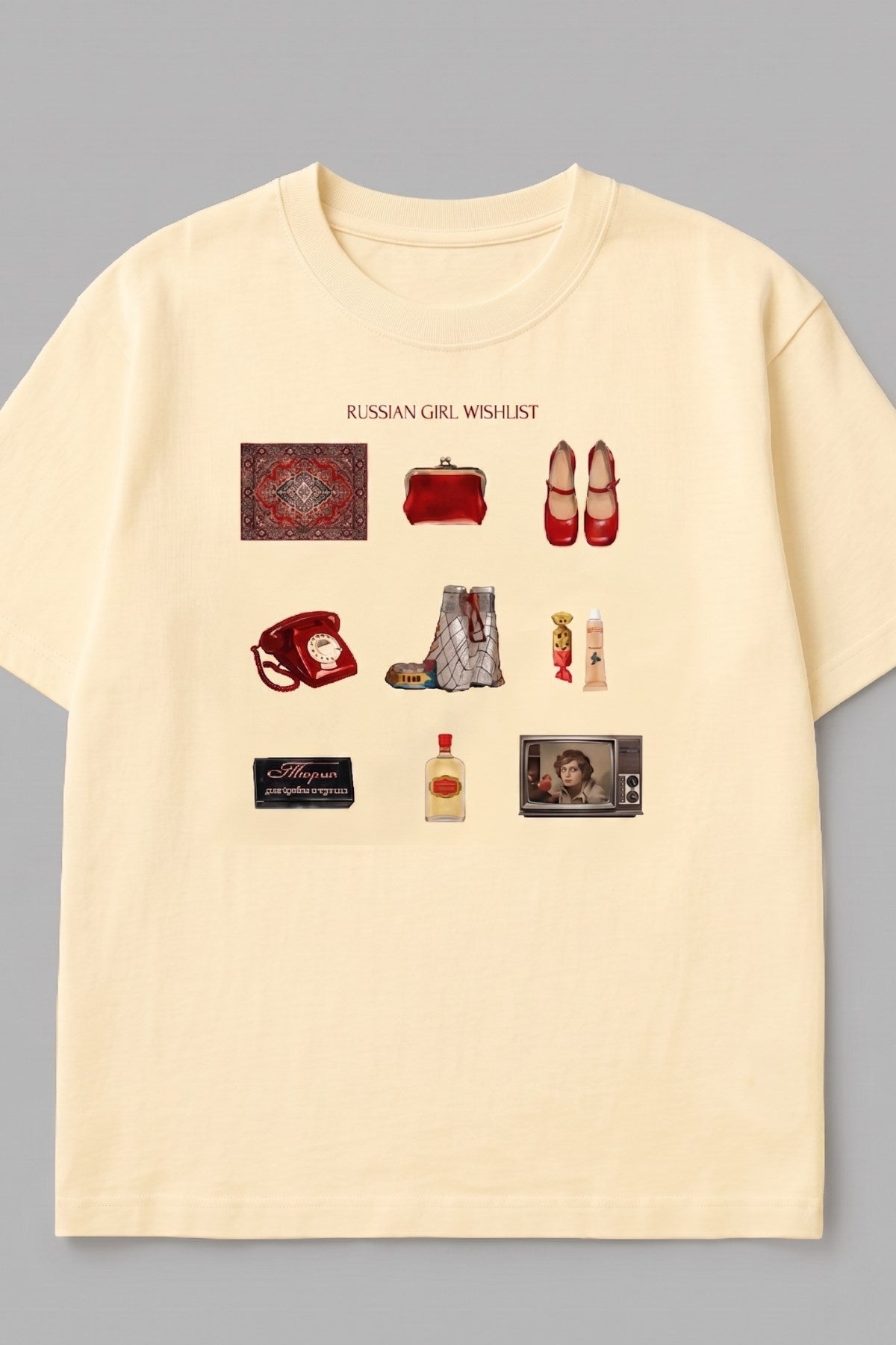 Kadın Oversize Tişört Russian Girl Wishlist Baskılı Sarı – Bisiklet Yaka, Rahat Kalıp, %100 Pamuk