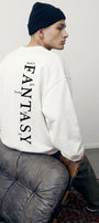 Erkek Oversize Sweatshirt Fantasy Back Baskılı Beyaz – Bisiklet Yaka, 3 İplik Şardonlu Polar