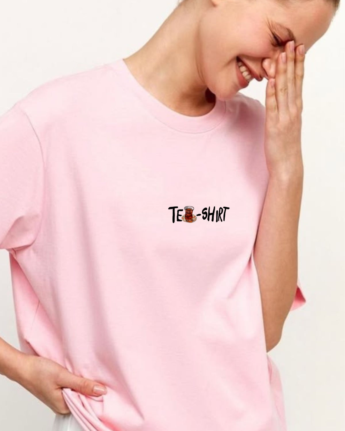 Kadın Oversize Tişört Tea-Shirt Baskılı Pembe – Bisiklet Yaka, Rahat Kalıp, %100 Pamuk
