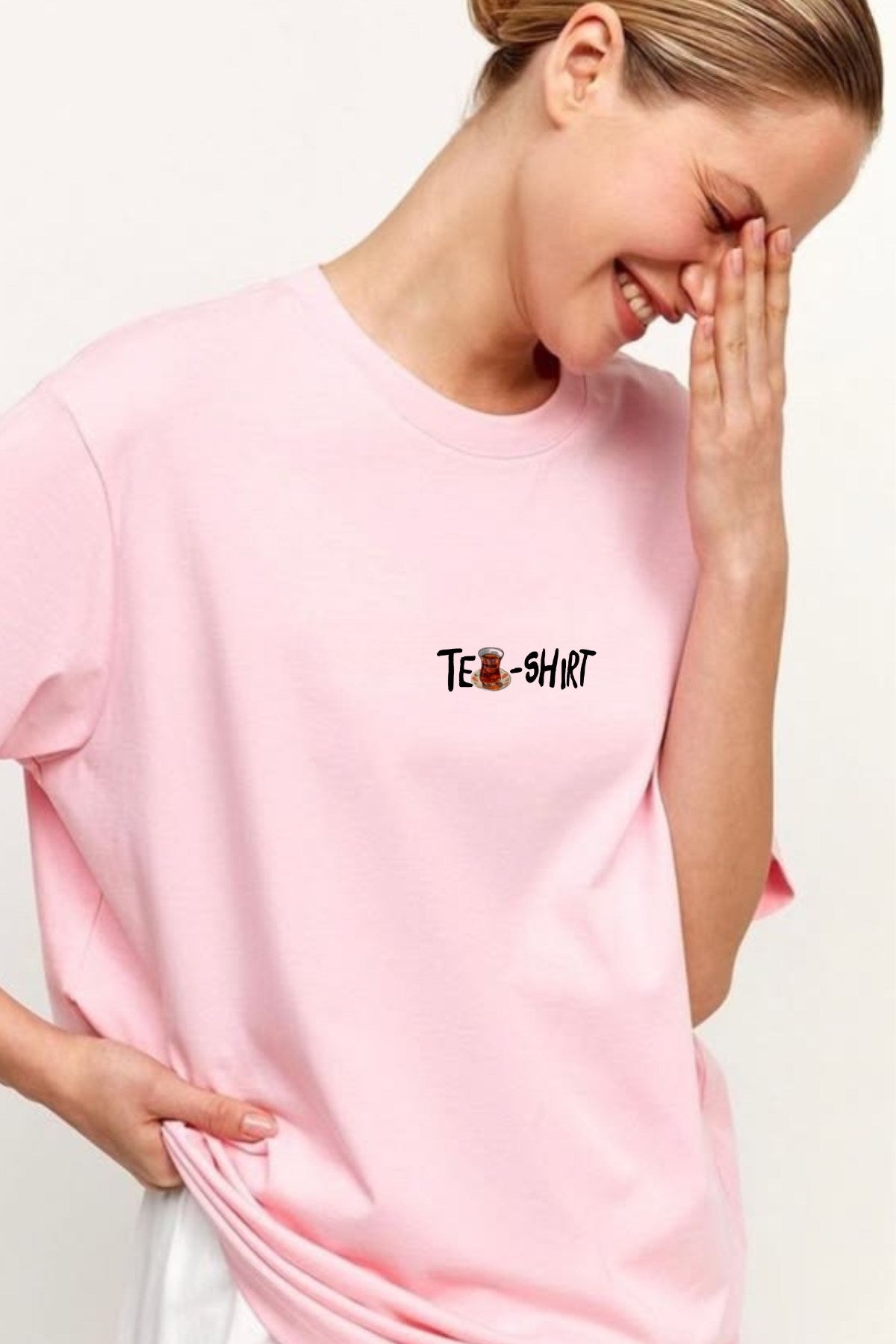 Kadın Oversize Tişört Tea-Shirt Baskılı Pembe – Bisiklet Yaka, Rahat Kalıp, %100 Pamuk
