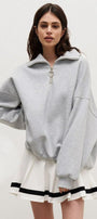 Kadın Gri Yarım Fermuarlı Ceket Sweatshirt 3 İplik Şardonlu Oversize Kesim