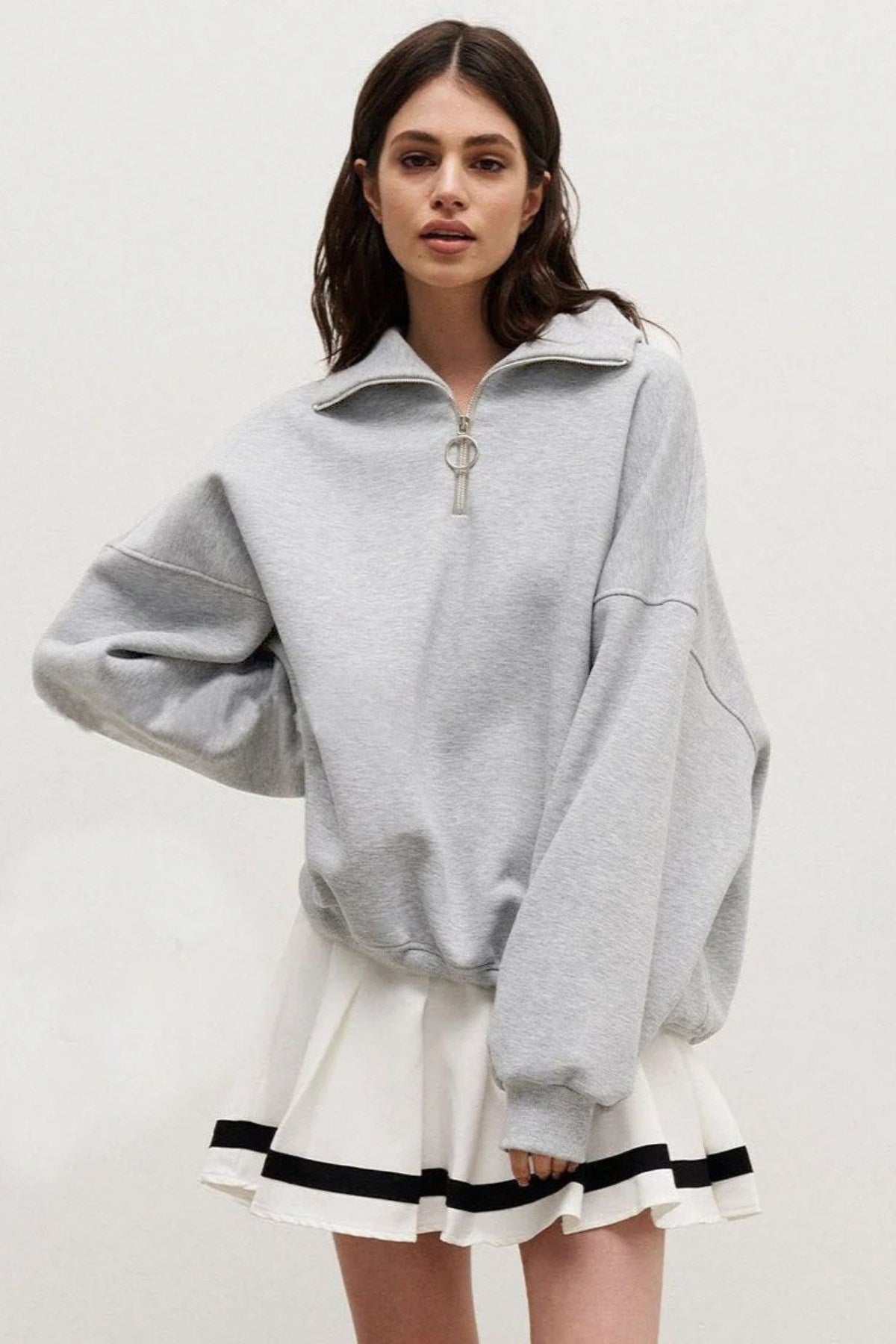 Kadın Gri Yarım Fermuarlı Ceket Sweatshirt 3 İplik Şardonlu Oversize Kesim