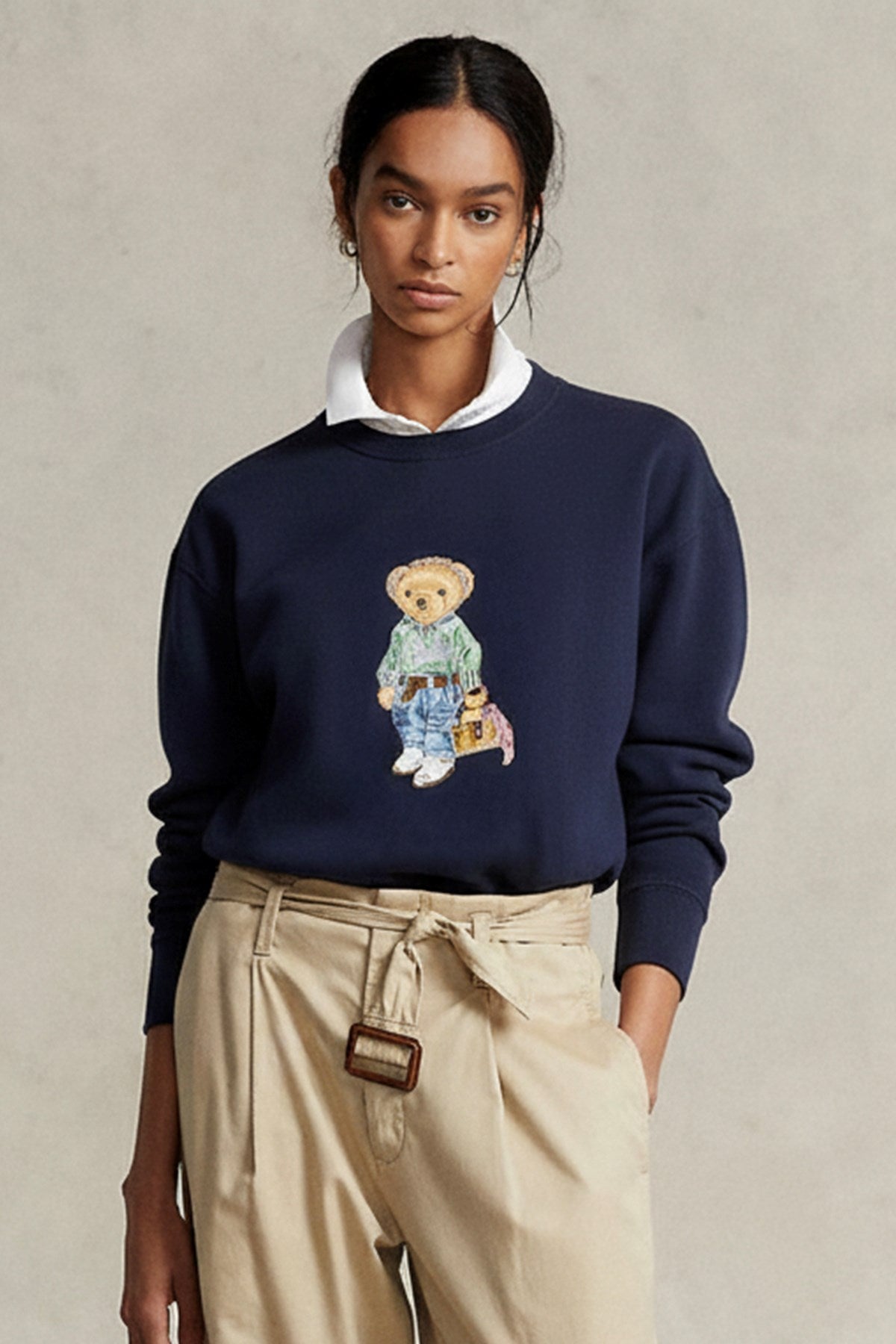Kadın Oversize Sweatshirt Weekend Bear Baskılı Lacivert – Bisiklet Yaka, 3 İplik Şardonlu