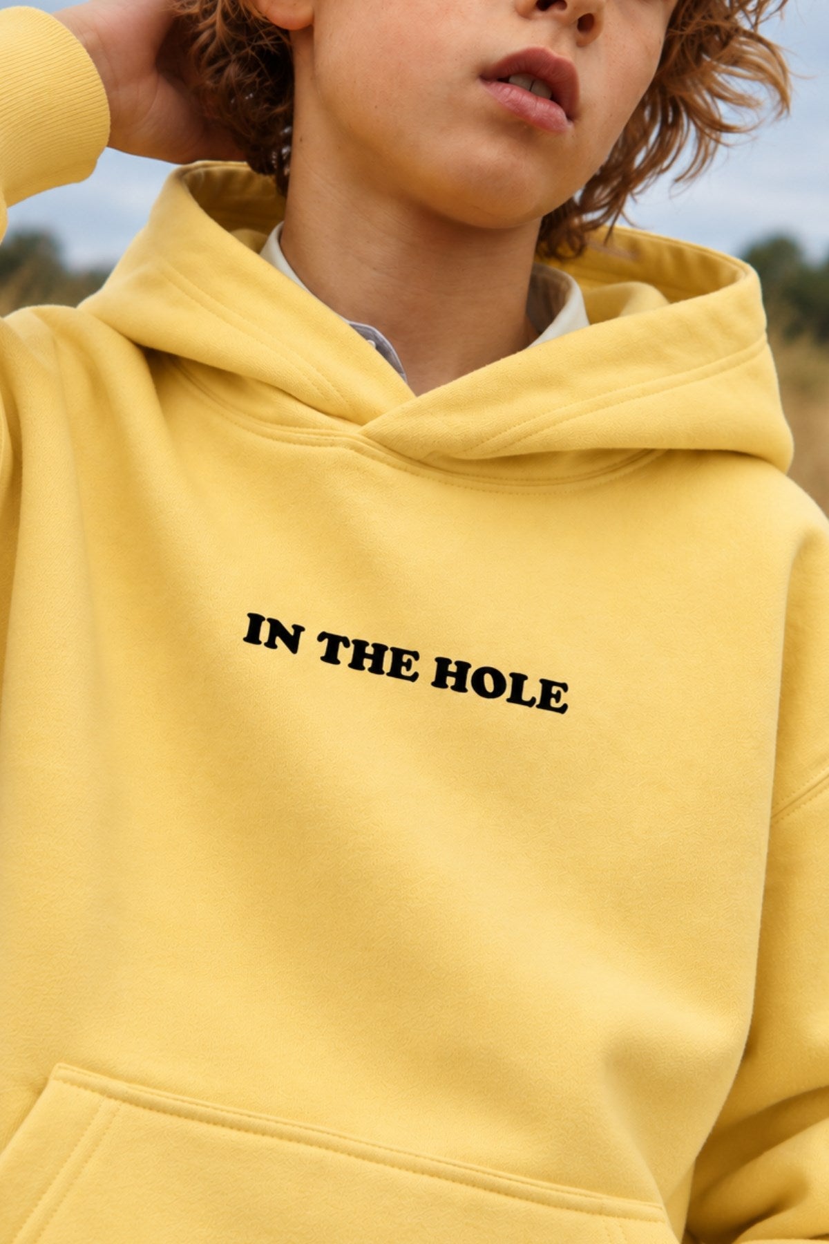 Erkek Çocuk Oversize Hoodie My Caddy Falls Baskılı Sarı – Kapüşonlu, Cepli, 3 İplik Polar