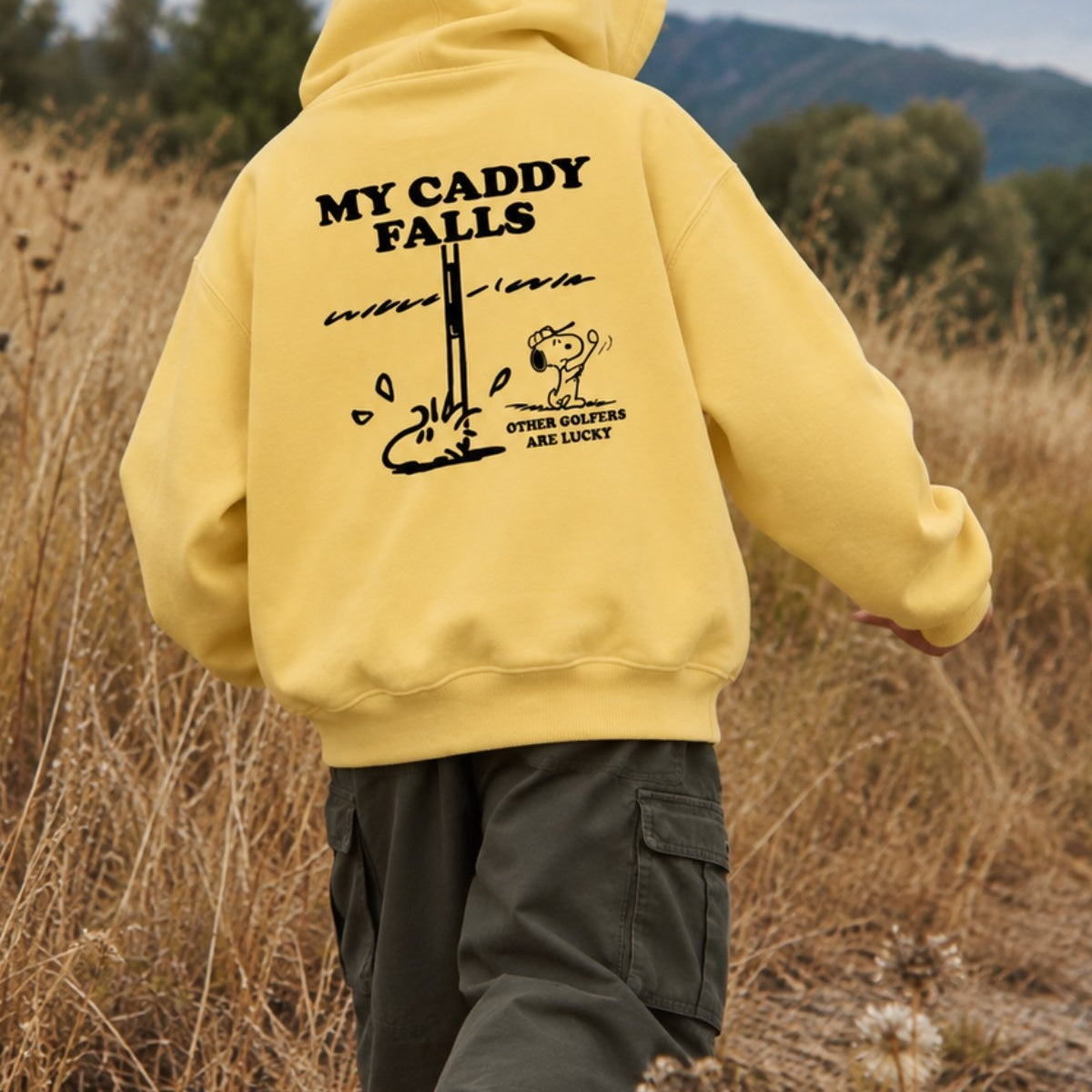Erkek Çocuk Oversize Hoodie My Caddy Falls Baskılı Sarı – Kapüşonlu, Cepli, 3 İplik Polar
