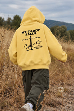 Erkek Çocuk Oversize Hoodie My Caddy Falls Baskılı Sarı – Kapüşonlu, Cepli, 3 İplik Polar