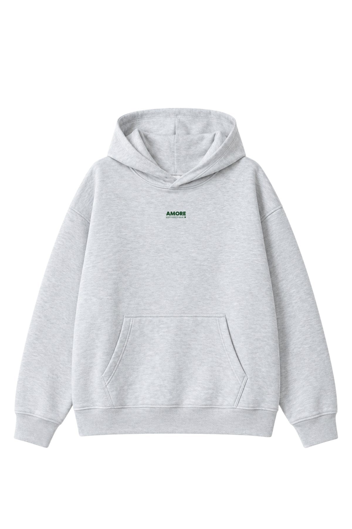 Kadın Oversize Hoodie Amore Baskılı Gri Melanj – Kapüşonlu, Kanguru Cepli, 3 İplik Şardonlu Polar