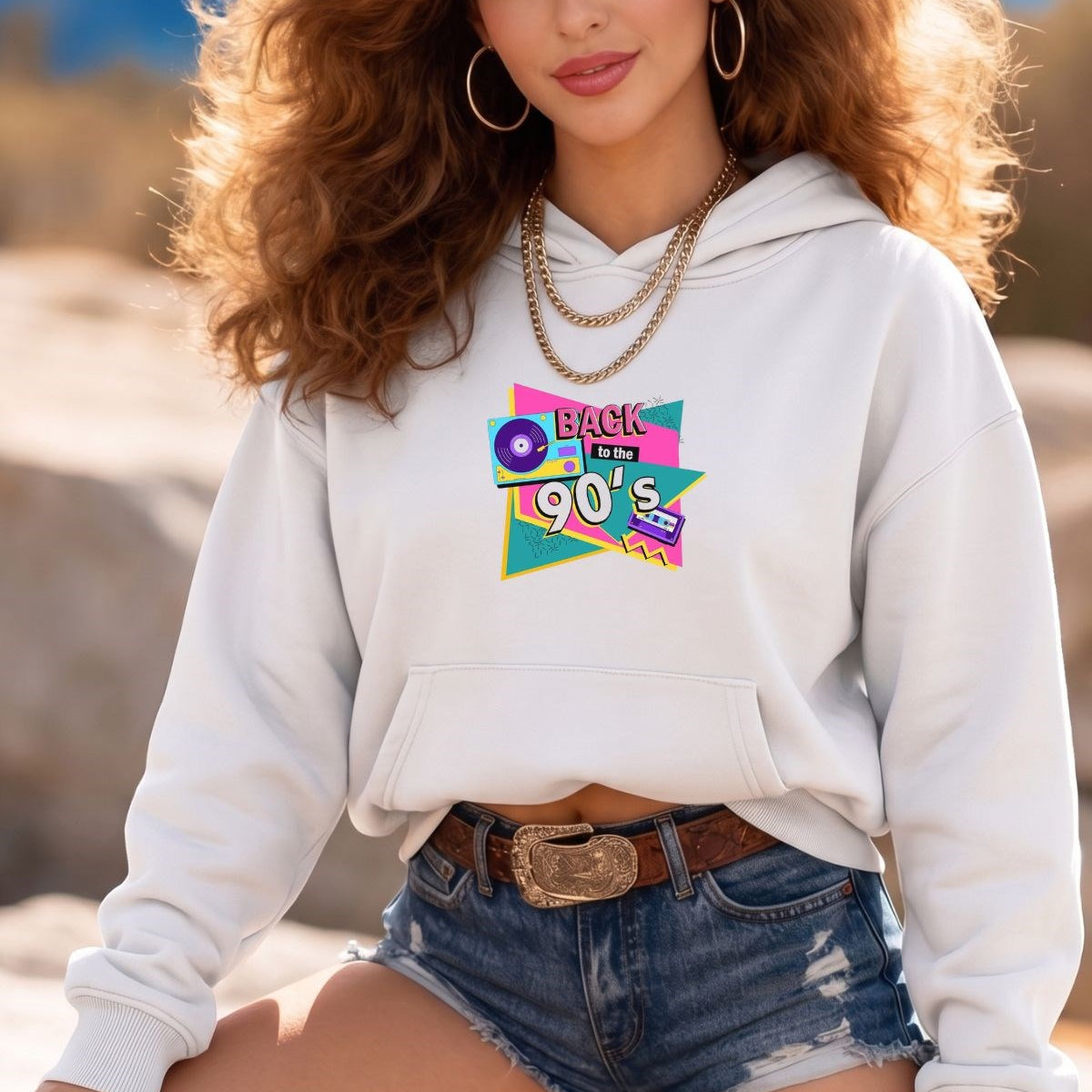 Kadın Oversize Hoodie Back To The 90’s Baskılı Beyaz - Kapüşonlu, Kanguru Cepli, 3 İplik Polar