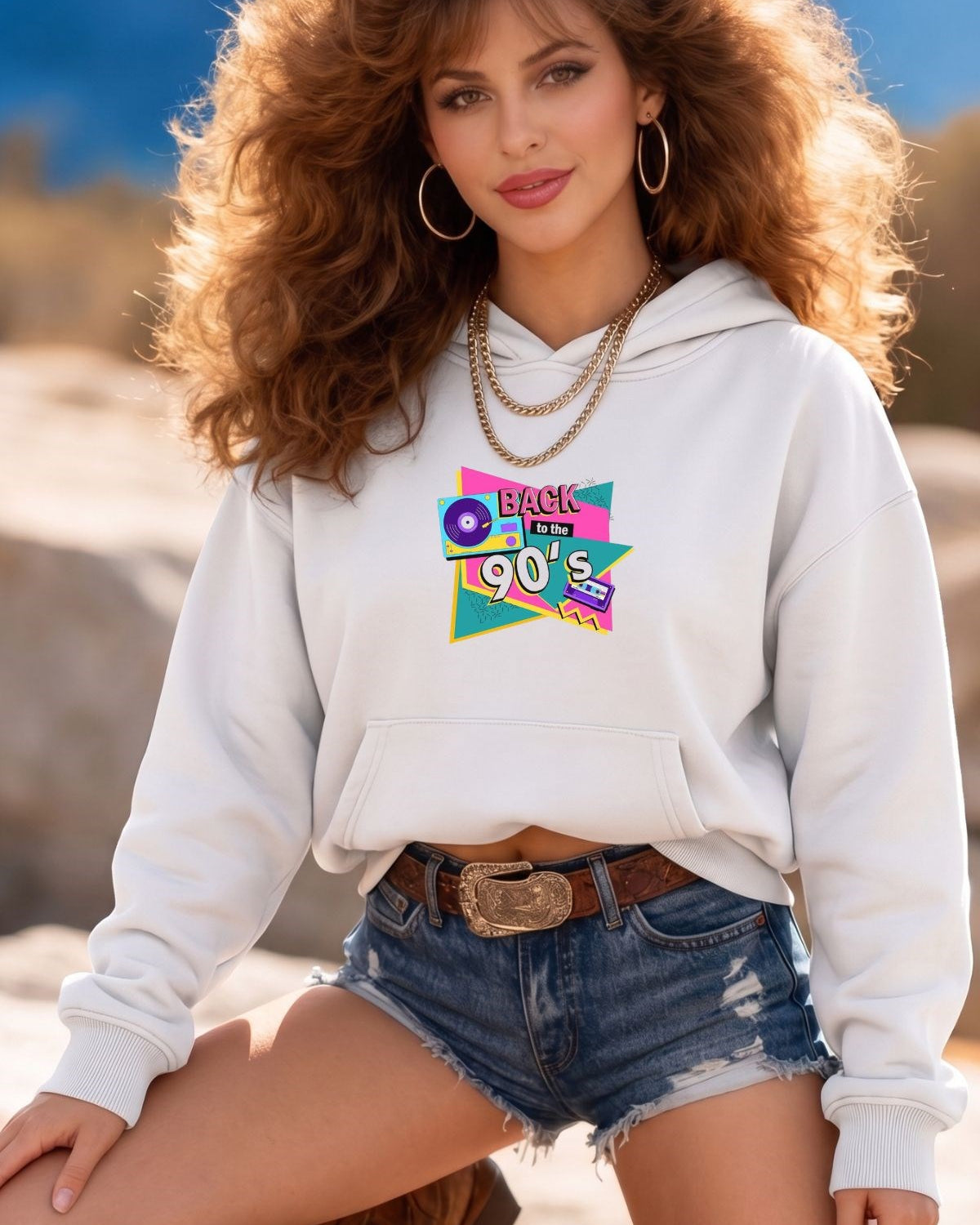 Kadın Oversize Hoodie Back To The 90’s Baskılı Beyaz - Kapüşonlu, Kanguru Cepli, 3 İplik Polar