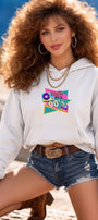 Kadın Oversize Hoodie Back To The 90’s Baskılı Beyaz - Kapüşonlu, Kanguru Cepli, 3 İplik Polar