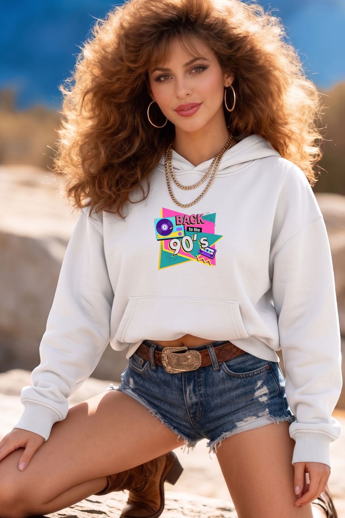 Kadın Oversize Hoodie Back To The 90’s Baskılı Beyaz - Kapüşonlu, Kanguru Cepli, 3 İplik Polar