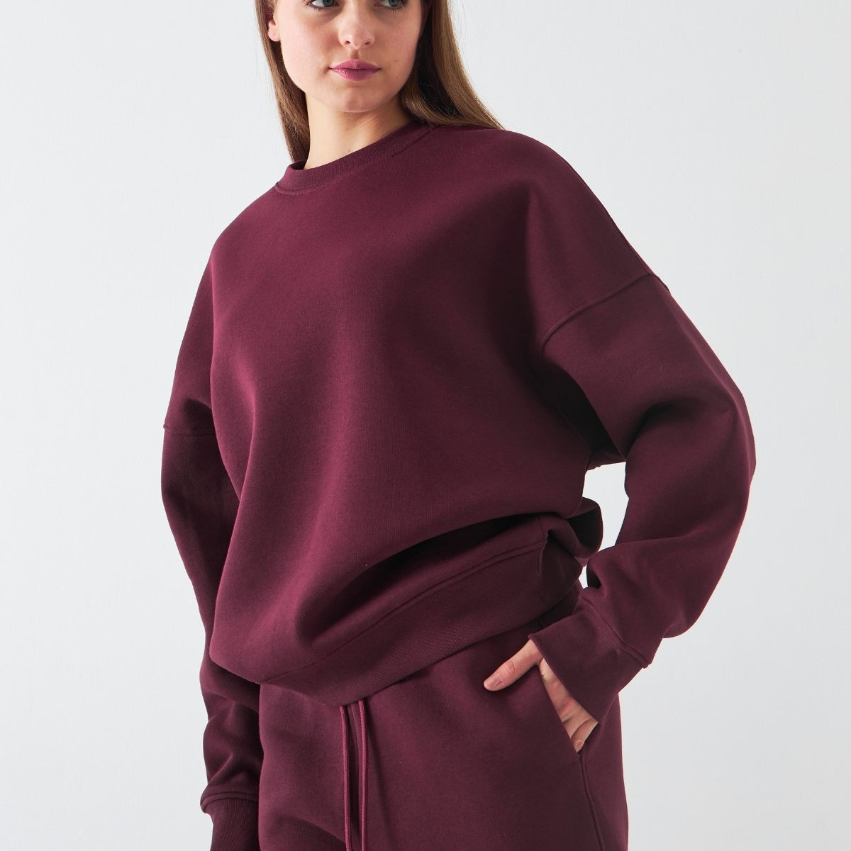 Unisex Oversize Sweatshirt Basic Bordo – Bisiklet Yaka, 3 İplik Şardonlu Polar