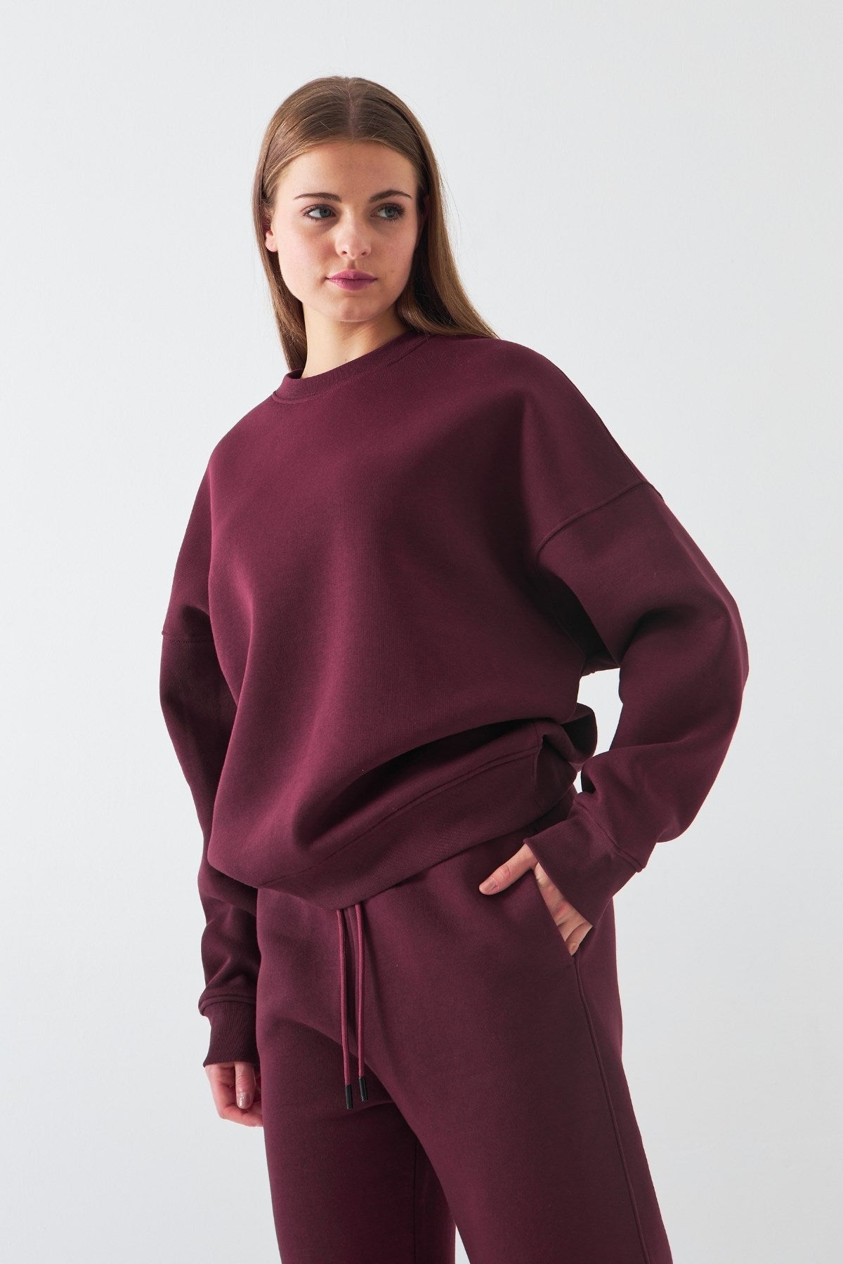 Unisex Oversize Sweatshirt Basic Bordo – Bisiklet Yaka, 3 İplik Şardonlu Polar