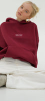Kadın Oversize Sweatshirt Hoodie CHMP Yazlı Baskılı Bordo – Kapüşonlu, 3 İplik Polar, Kanguru Cepli