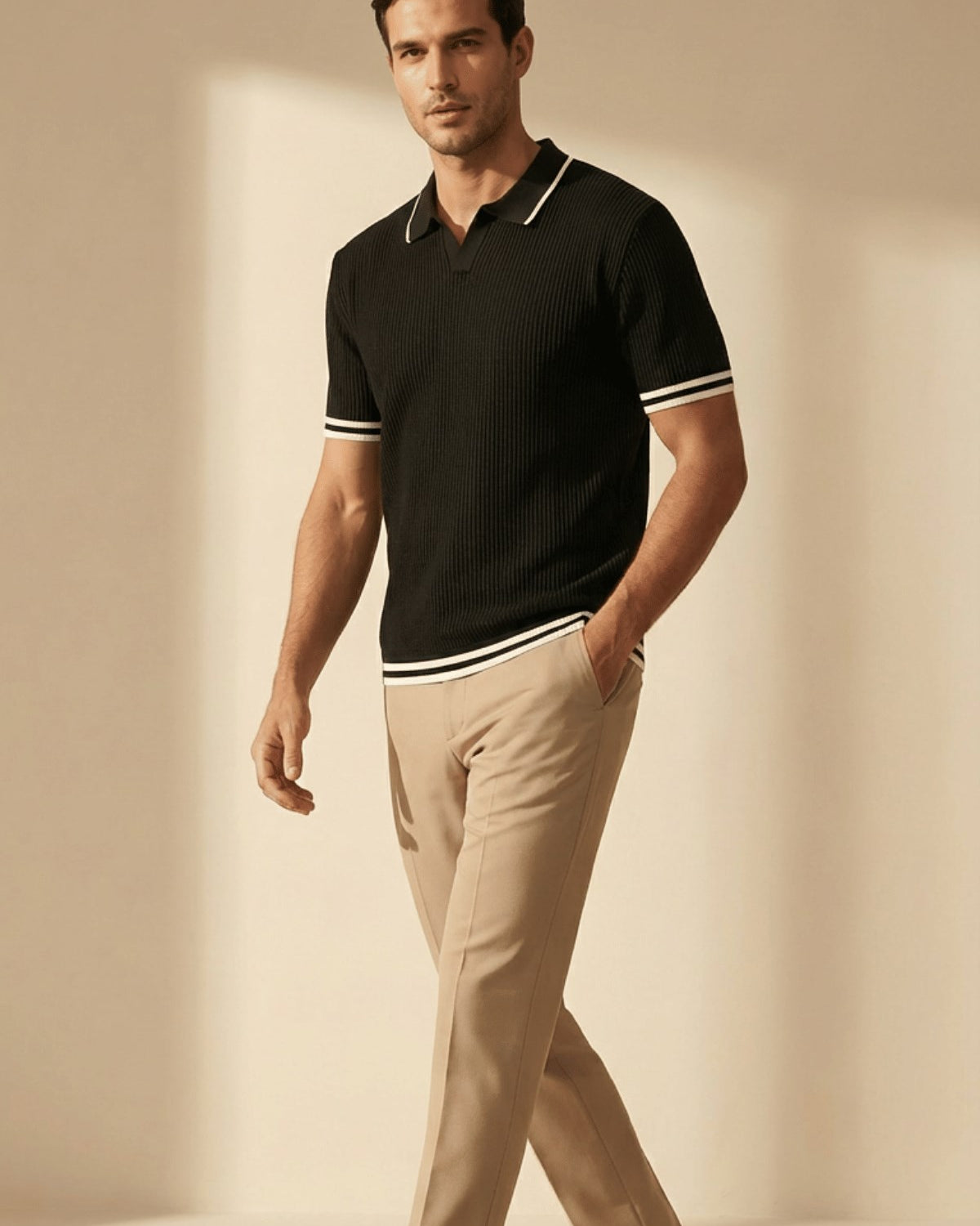 Erkek Fitilli Triko Polo Yaka Tişört Siyah - Polo Çizgili Yaka, Fit, Yazlık, Örme