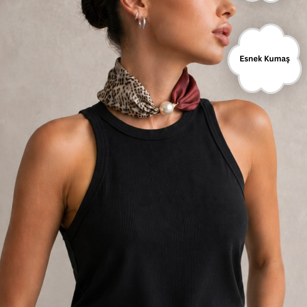 Kadın Leopard Pearl Mıknatıslı Fular Aksesuarlı Atlet Siyah – Likralı Esnek Kumaş, Modern Form