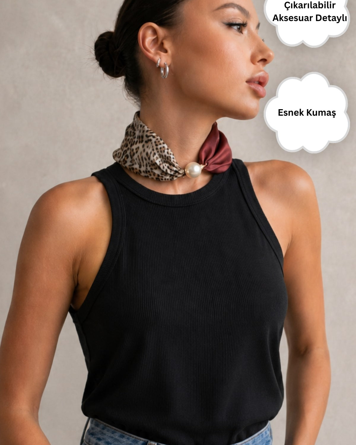 Kadın Leopard Pearl Mıknatıslı Fular Aksesuarlı Atlet Siyah – Likralı Esnek Kumaş, Modern Form
