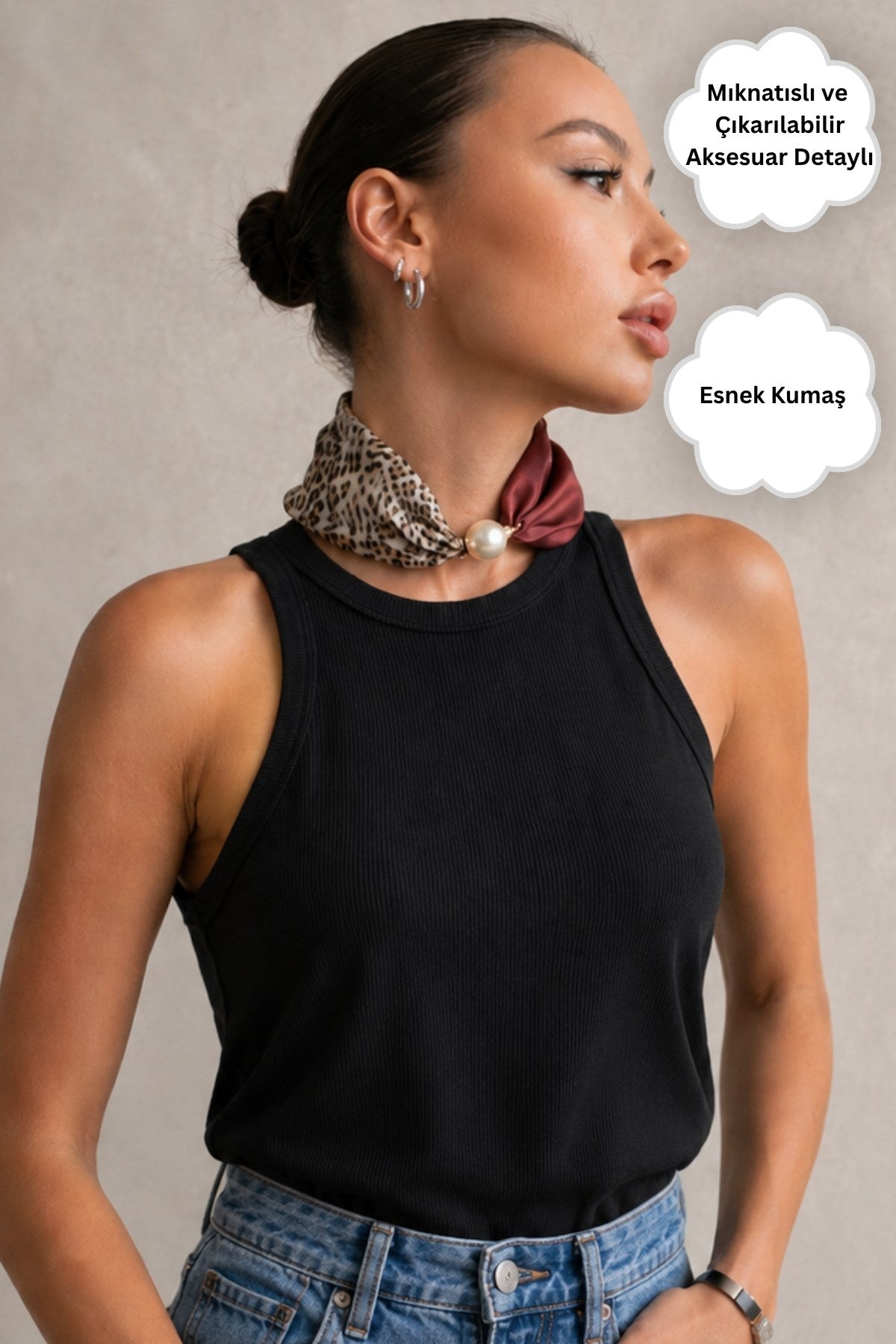Kadın Leopard Pearl Mıknatıslı Fular Aksesuarlı Atlet Siyah – Likralı Esnek Kumaş, Modern Form