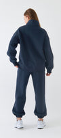 Unisex Oversize Eşofman Takımı Basic Marine – Fermuarlı Dik Yaka, Lastikli Paça, 3 İplik Polar