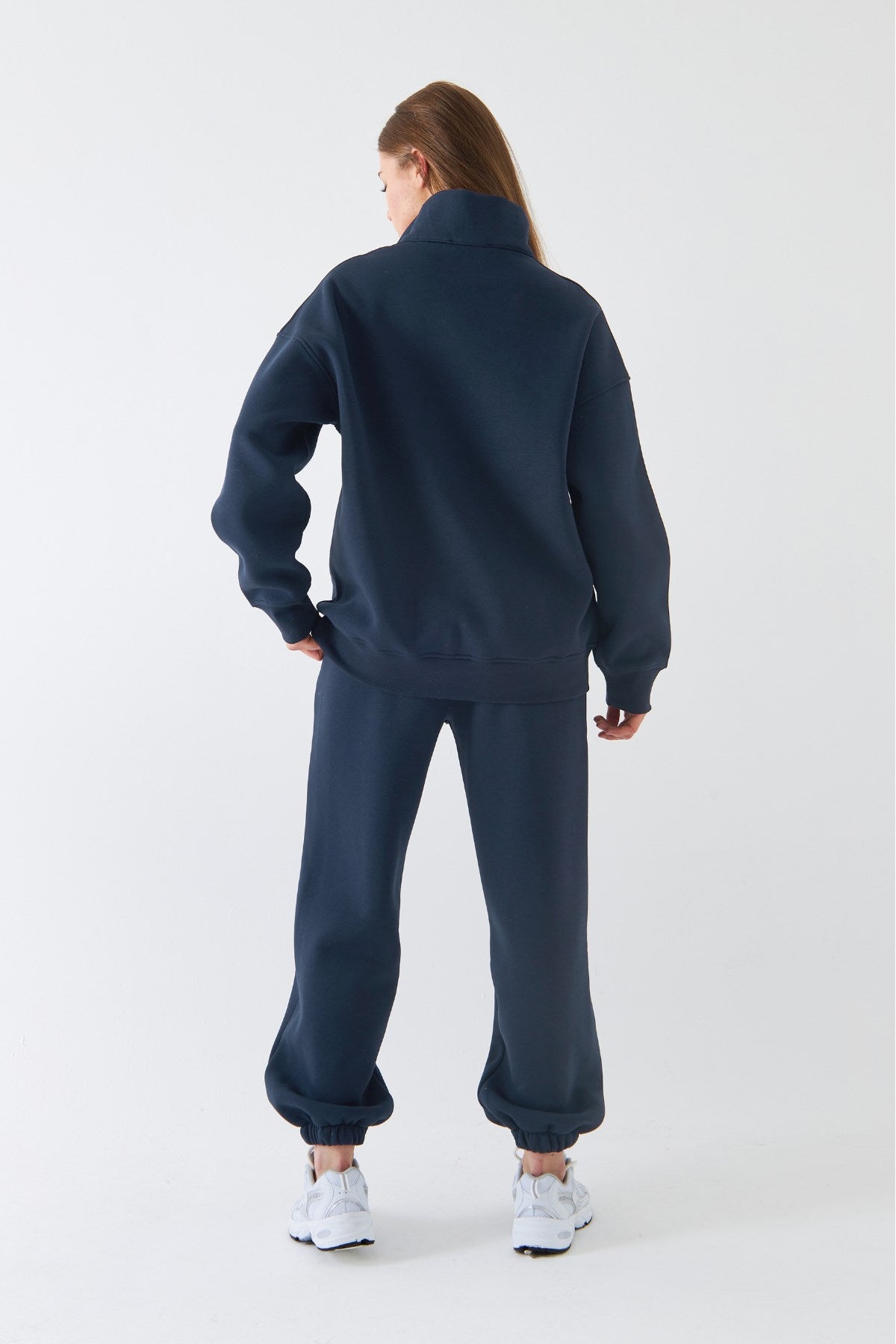 Unisex Oversize Eşofman Takımı Basic Marine – Fermuarlı Dik Yaka, Lastikli Paça, 3 İplik Polar