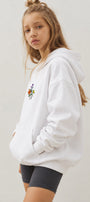 Kız Çocuk Oversize Hoodie Sweatshirt Flower Heaven Baskılı Beyaz – Kapüşonlu, Cepli, 3 İplik Polar  