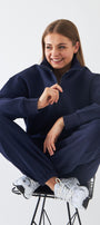 Unisex Oversize Sweatshirt Basic Lacivert – Yarım Fermuar Dik Yaka, 3 İplik Şardonlu Polar