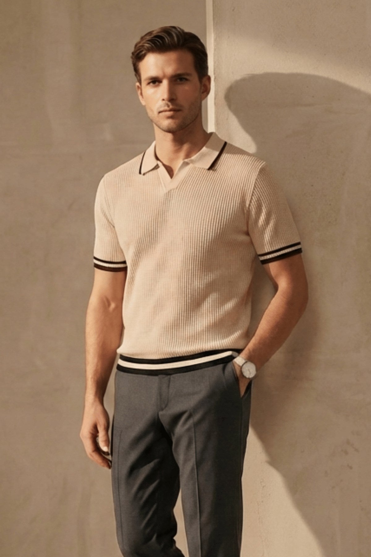 Erkek Fitilli Triko Polo Yaka Tişört Bej - Polo Çizgili Yaka, Fit, Yazlık, Örme
