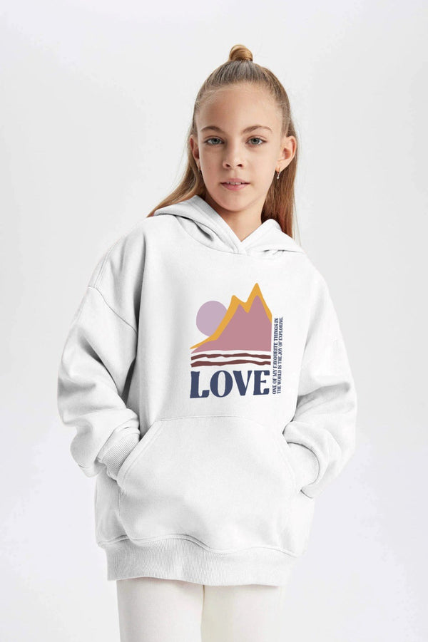 Kapüşonlu İçi Polar Love Yazı Baskılı Beyaz Unisex Çocuk Hoodie Sweatshirt