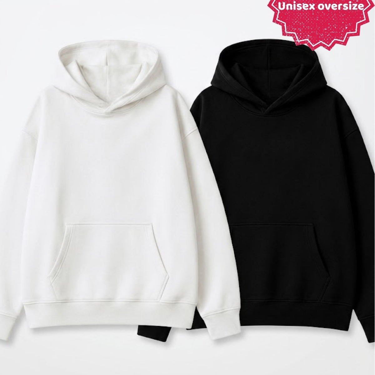 Unisex 2’li Oversize Basic Hoodie Siyah & Beyaz – Kapüşonlu, Cepli, 3 İplik Şardonlu Polar