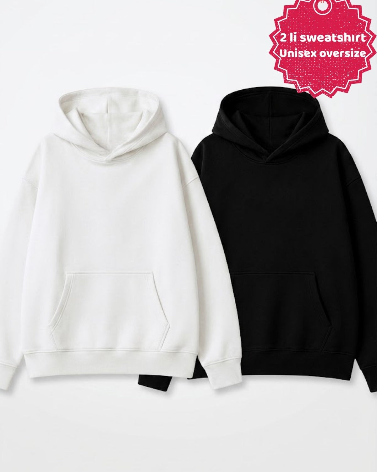 Unisex 2’li Oversize Basic Hoodie Siyah & Beyaz – Kapüşonlu, Cepli, 3 İplik Şardonlu Polar