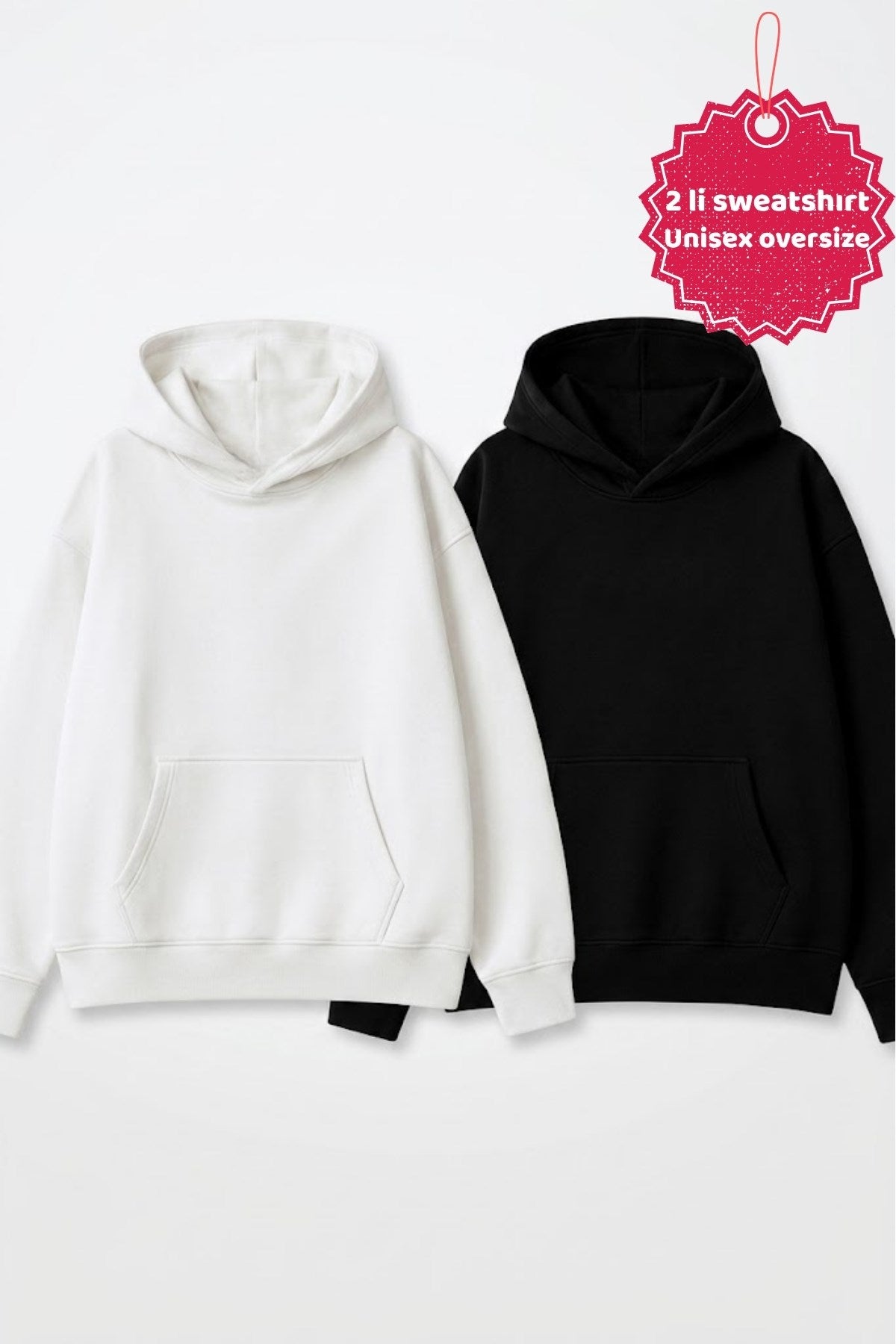 Unisex 2’li Oversize Basic Hoodie Siyah & Beyaz – Kapüşonlu, Cepli, 3 İplik Şardonlu Polar