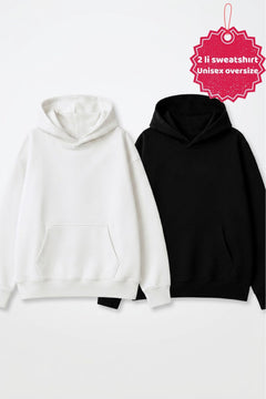 Unisex 2’li Oversize Basic Hoodie Siyah & Beyaz – Kapüşonlu, Cepli, 3 İplik Şardonlu Polar