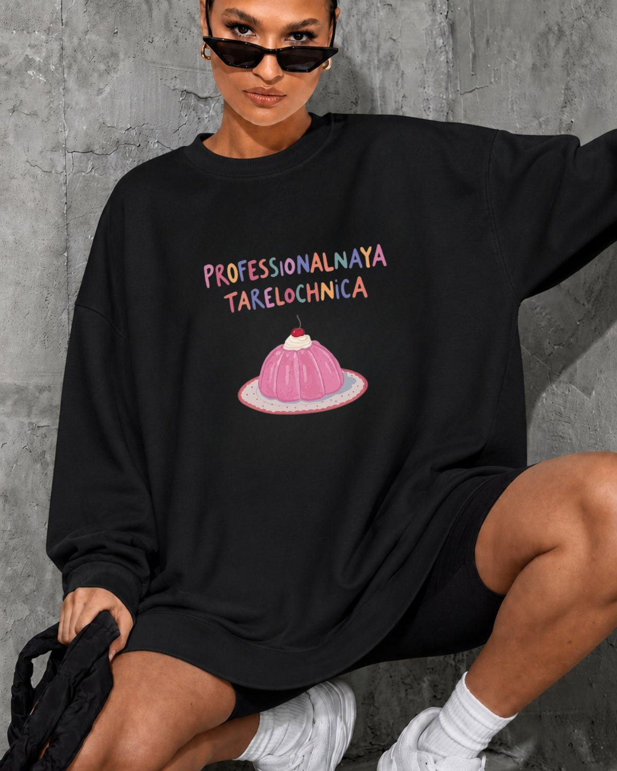 Kadın Oversize Sweatshirt Elbise Sweet Mood Baskılı Siyah – Bisiklet Yaka, 3 İplik Şardonlu Polar