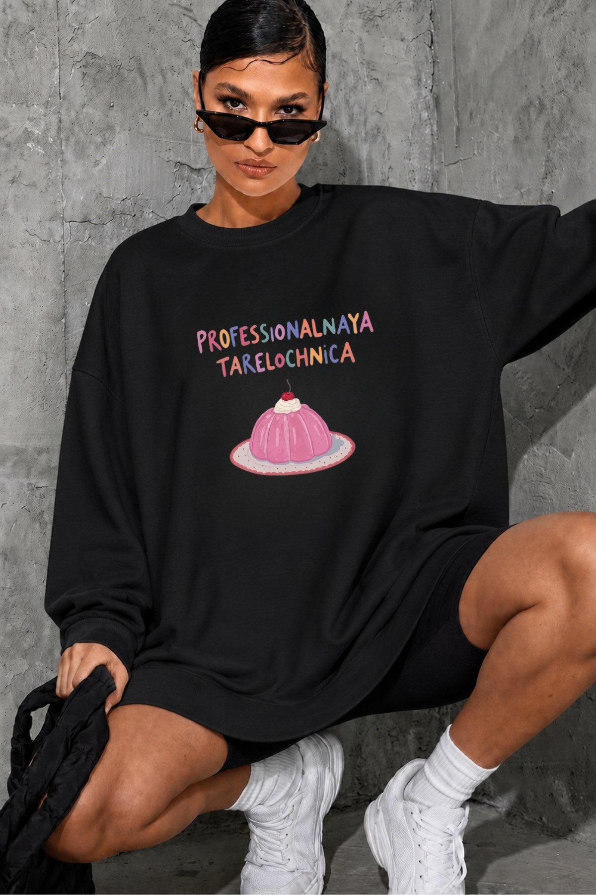 Kadın Oversize Sweatshirt Elbise Sweet Mood Baskılı Siyah – Bisiklet Yaka, 3 İplik Şardonlu Polar