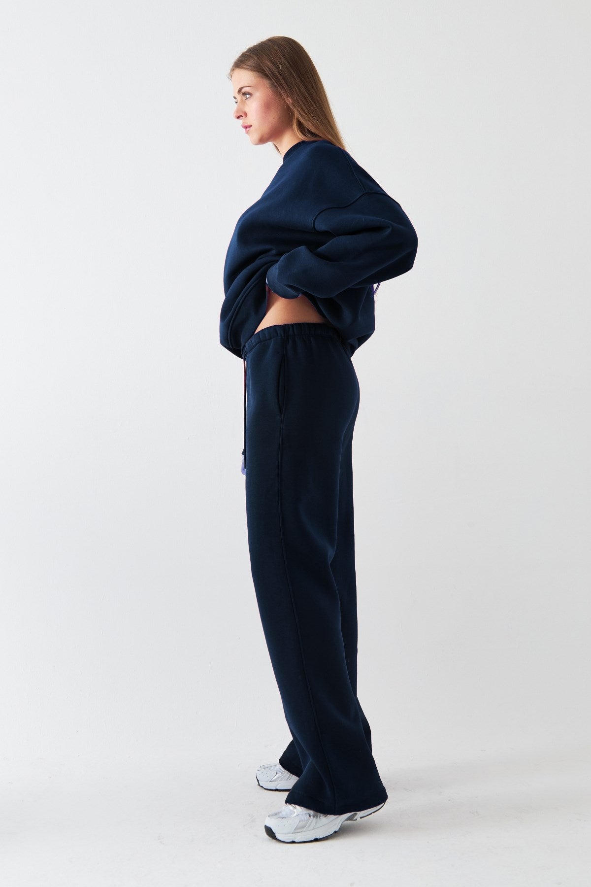 Unisex Oversize Eşofman Takımı Basic Lacivert – Bisiklet Yaka, Boru Paça, 3 İplik Şardonlu Polar