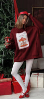 Kadın Oversize Sweatshirt Elbise Carousel Love Baskılı Bordo – Bisiklet Yaka, 3 İplik Şardonlu Polar