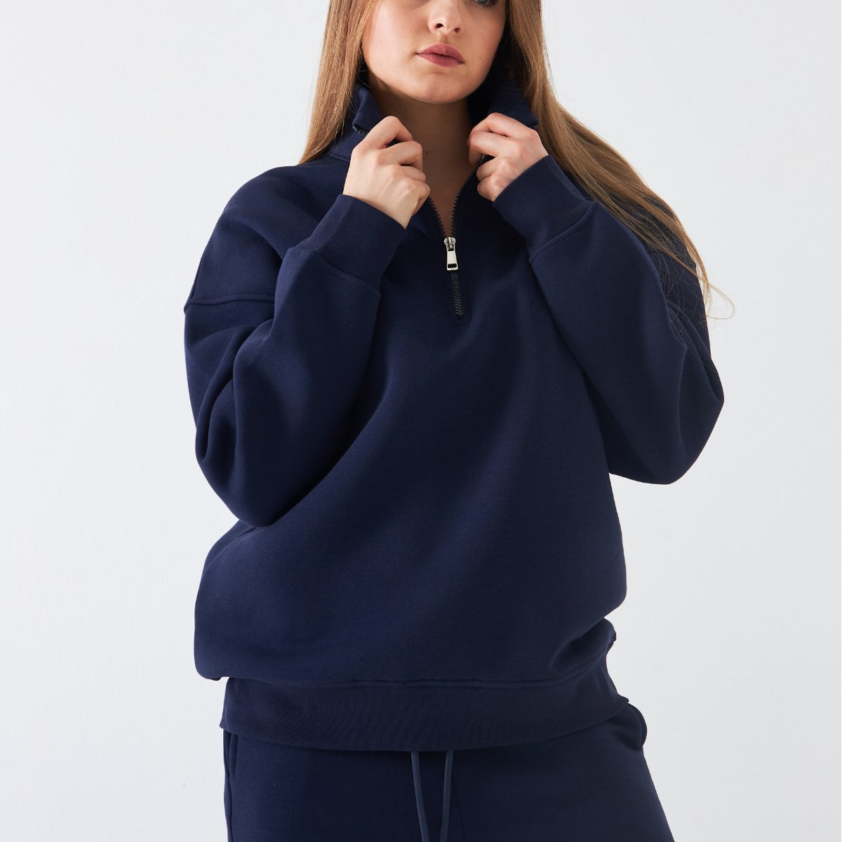 Unisex Oversize Sweatshirt Basic Lacivert – Yarım Fermuar Dik Yaka, 3 İplik Şardonlu Polar