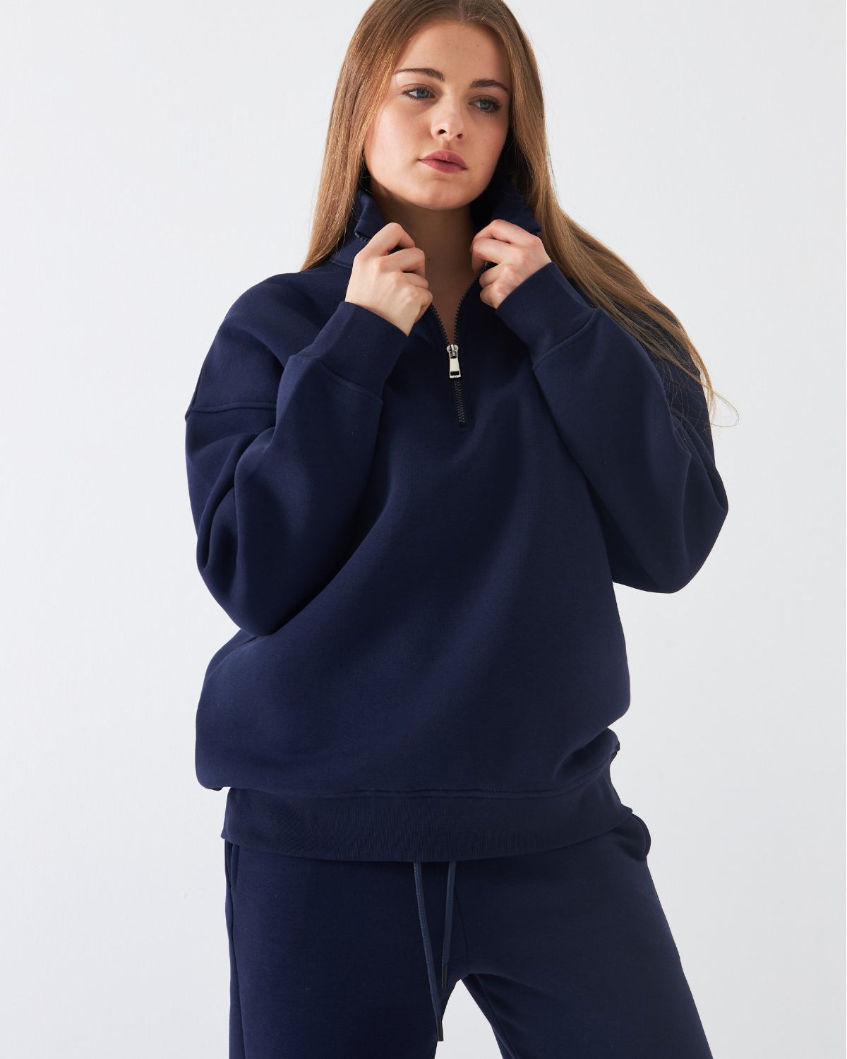 Unisex Oversize Sweatshirt Basic Lacivert – Yarım Fermuar Dik Yaka, 3 İplik Şardonlu Polar