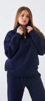 Unisex Oversize Sweatshirt Basic Lacivert – Yarım Fermuar Dik Yaka, 3 İplik Şardonlu Polar