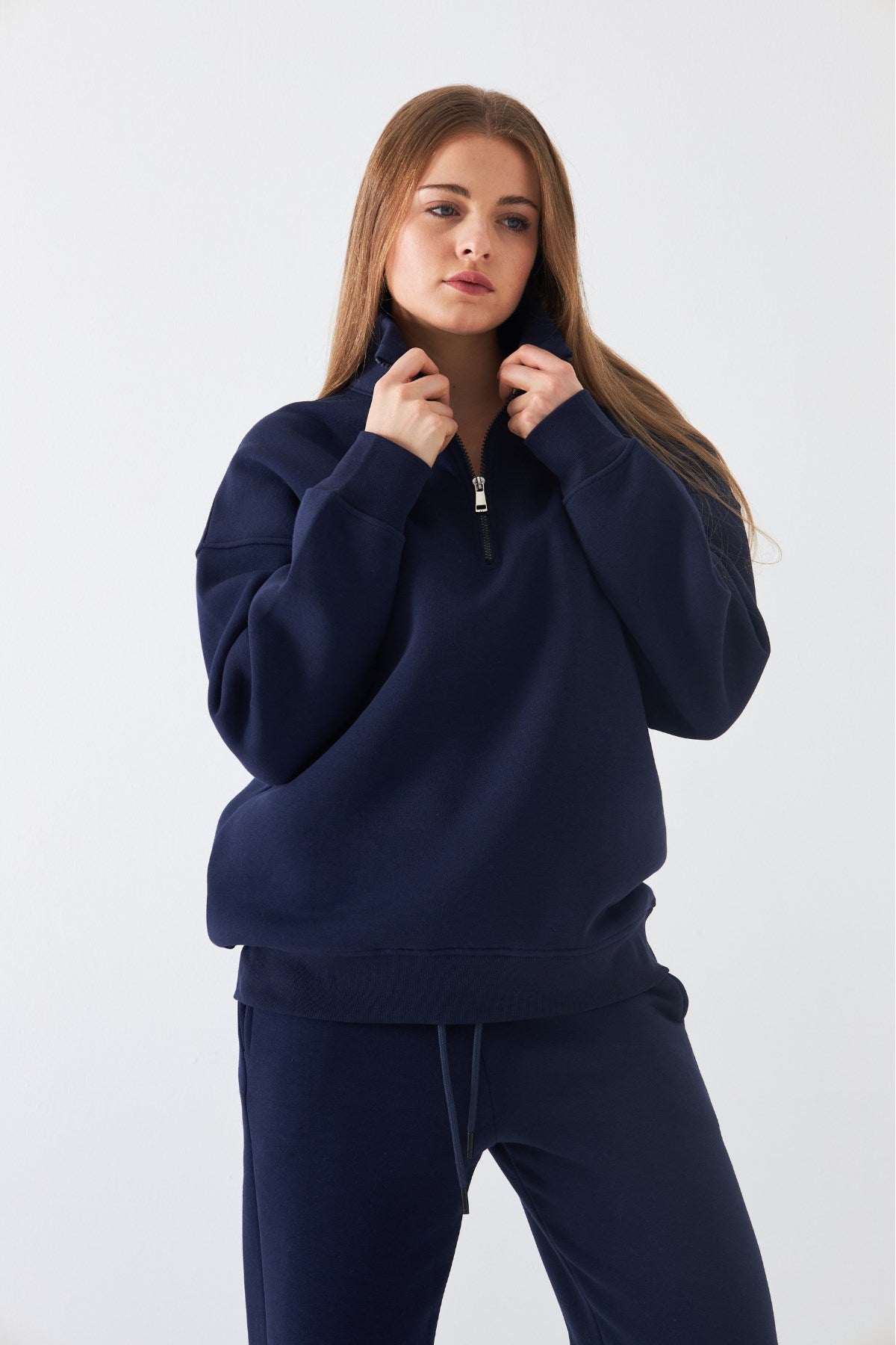 Unisex Oversize Sweatshirt Basic Lacivert – Yarım Fermuar Dik Yaka, 3 İplik Şardonlu Polar