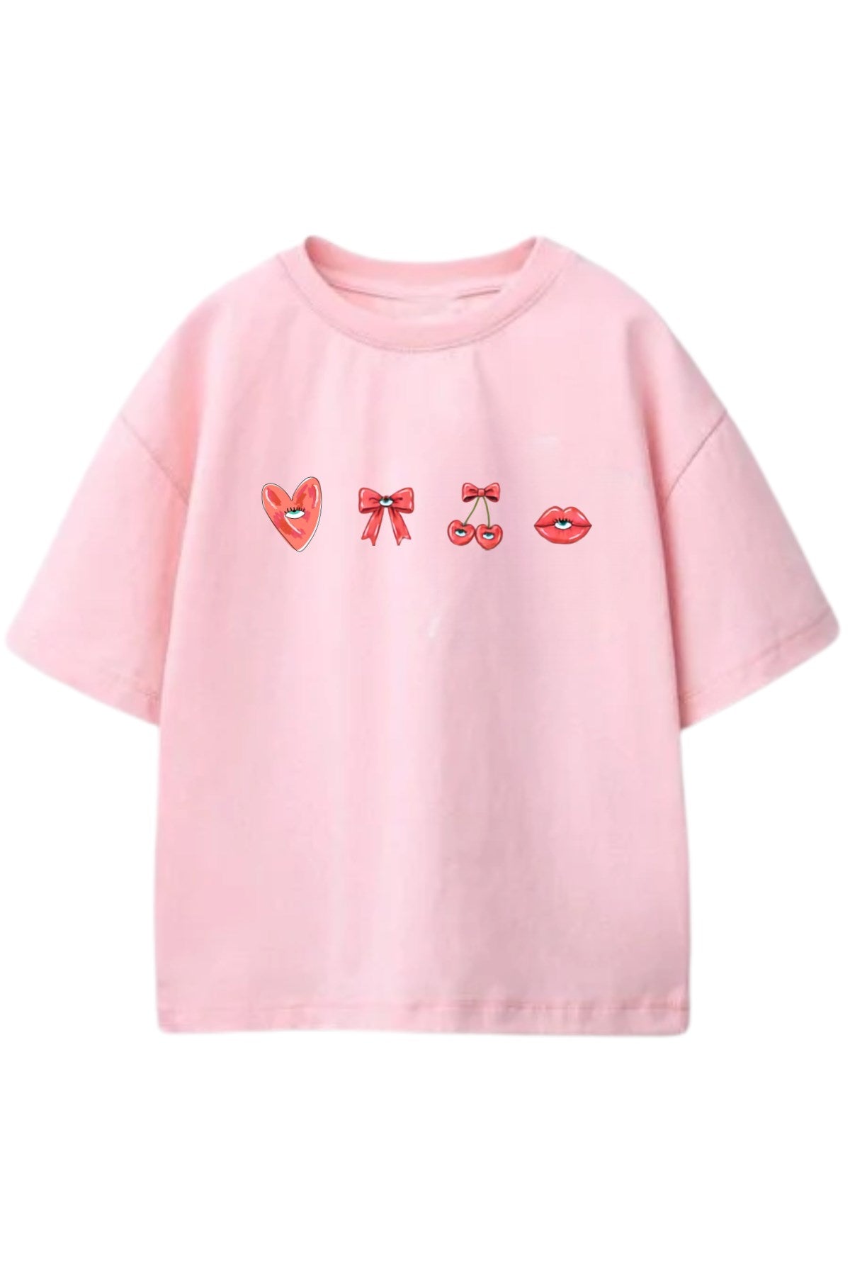 Kız Çocuk Oversize Tişört Cherry Kiss Baskılı Pembe – Bisiklet Yaka, Rahat Kalıp, %100 Pamuk