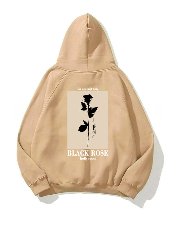 Kapüşonlu İçi Polar Black Rose Baskılı Bej Unisex Hoodie Sweatshirt